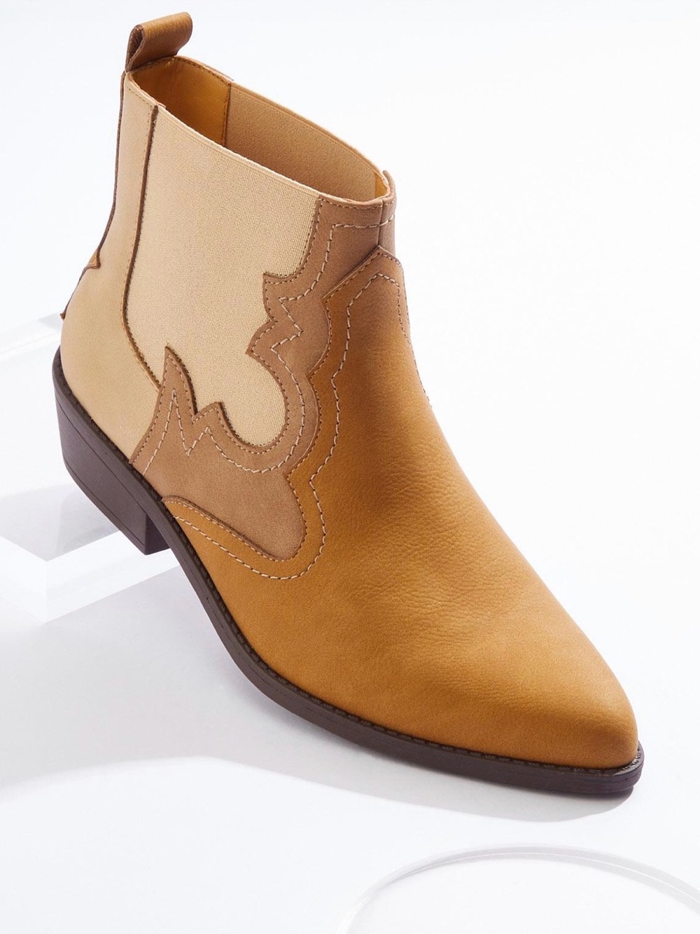 Women's Tan Western side gore Ankle Boot faux leather 1.5 inch heel